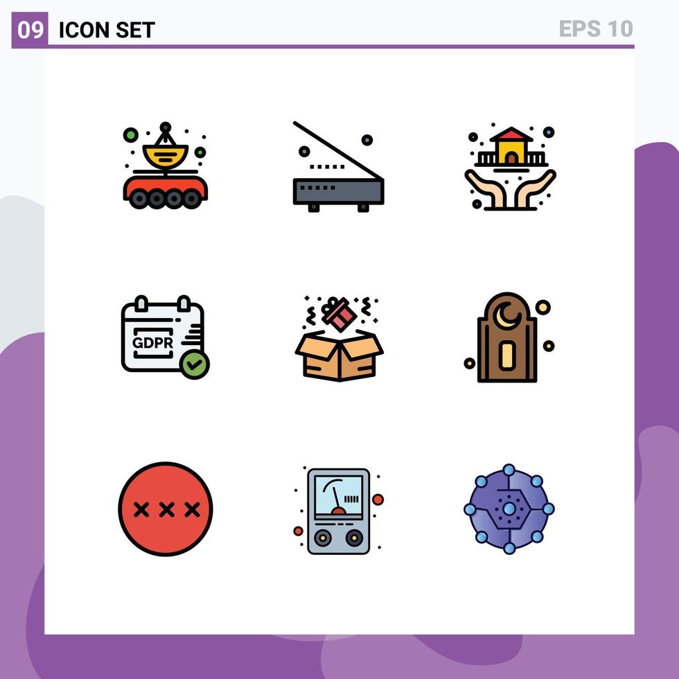 grupo de 9 signos y símbolos de colores planos de línea rellena para equipos de seguridad de cumpleaños elementos de diseño vectorial editables de la casa gdpr vector