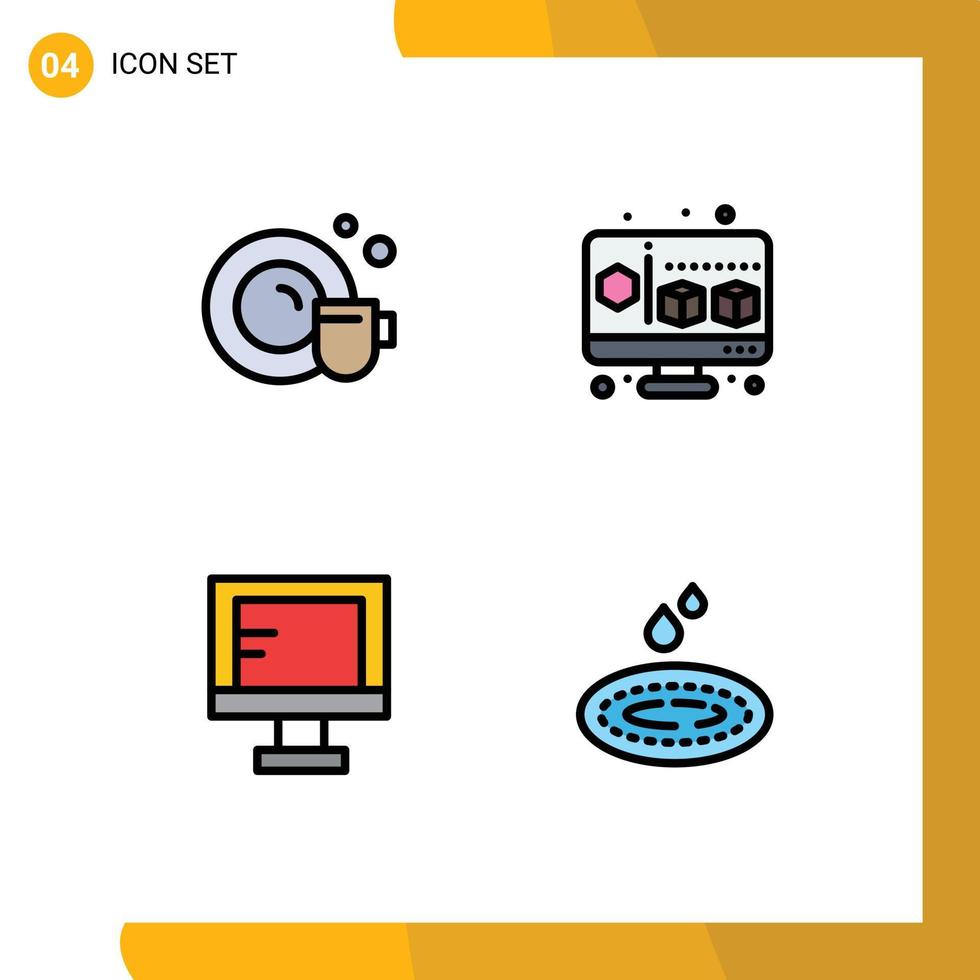 4 Universal Filledline Flat Color Signs Symbols of dish school cube computer water Editable Vector Design Elements