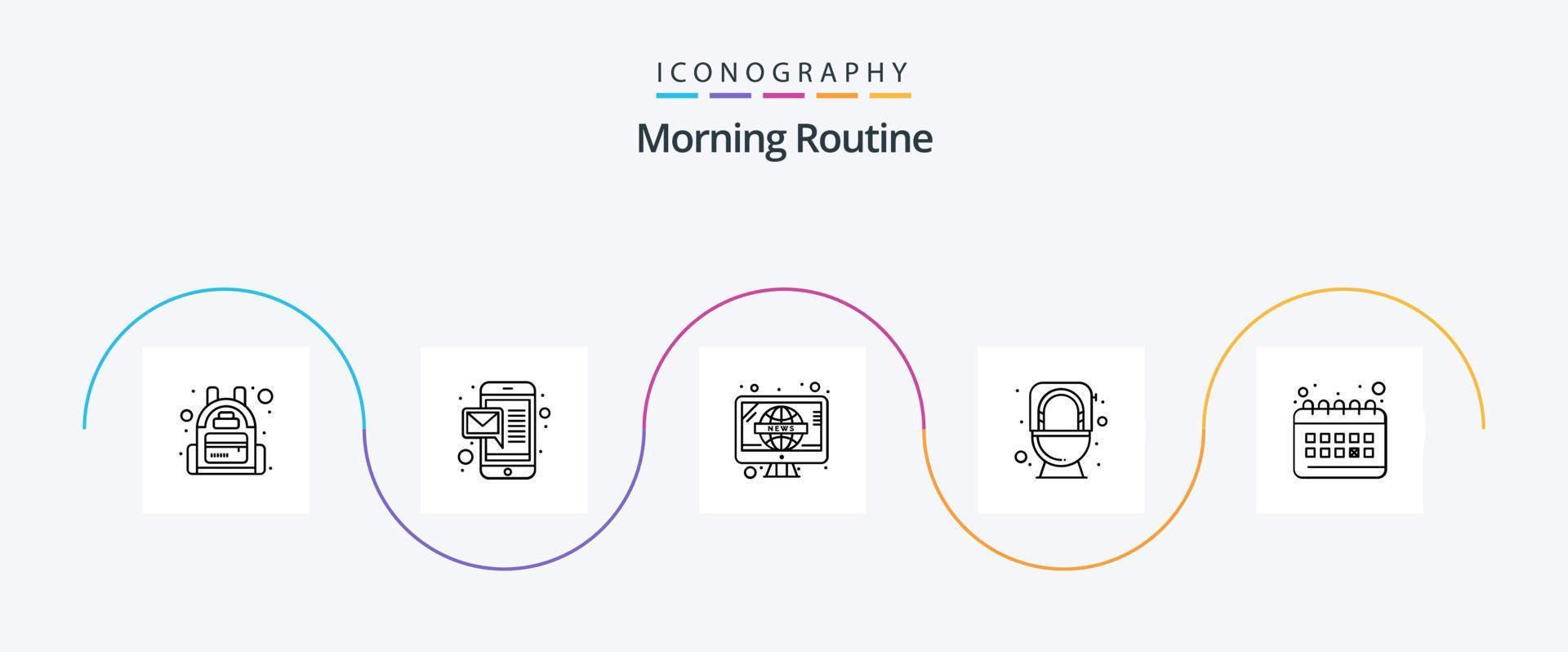Morning Routine Line 5 Icon Pack Including routine. clock. television. calendar. flush vector