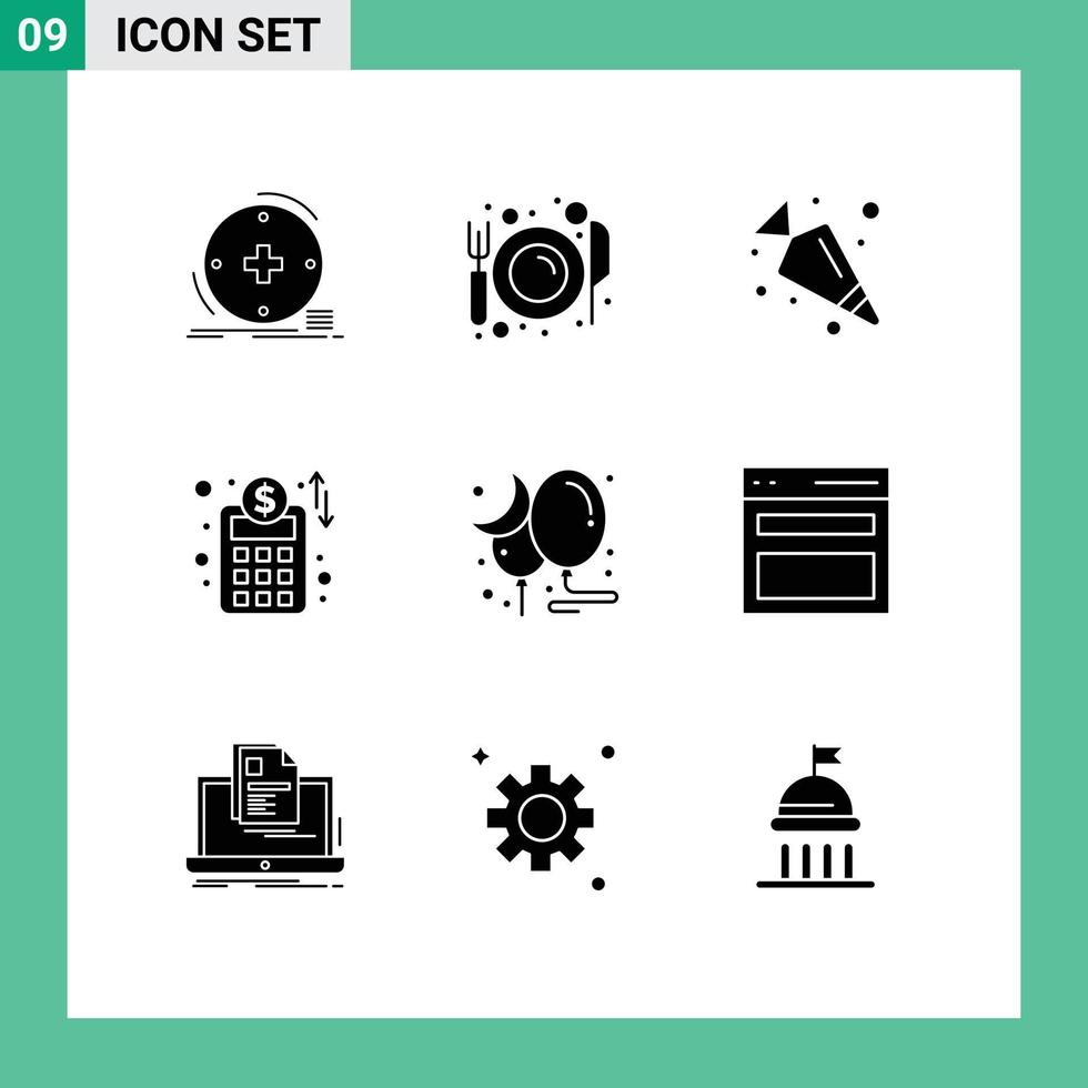 Universal Icon Symbols Group of 9 Modern Solid Glyphs of moon business planning plate business network vegetable Editable Vector Design Elements