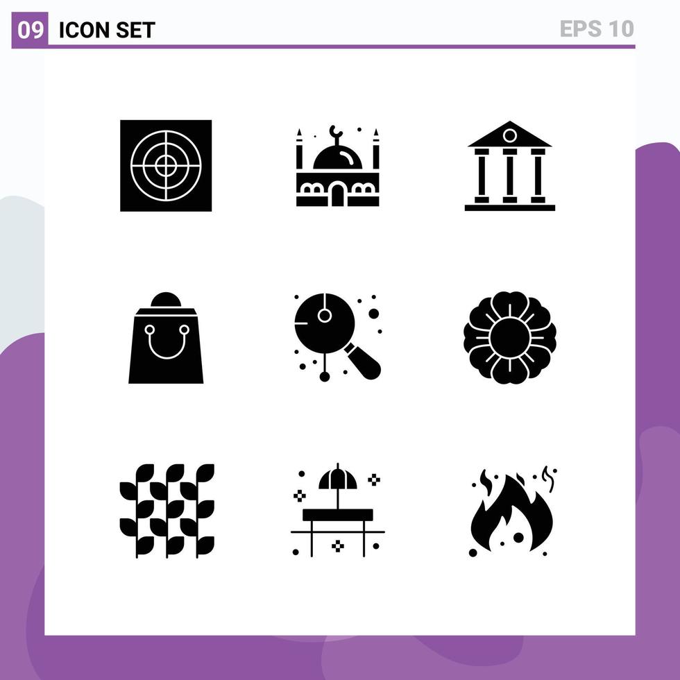 Universal Icon Symbols Group of 9 Modern Solid Glyphs of festival asian columns shopping bag Editable Vector Design Elements