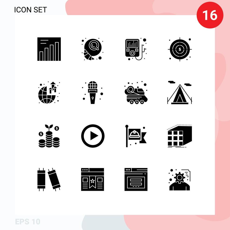 Pictogram Set of 16 Simple Solid Glyphs of news mic business profit growth Editable Vector Design Elements