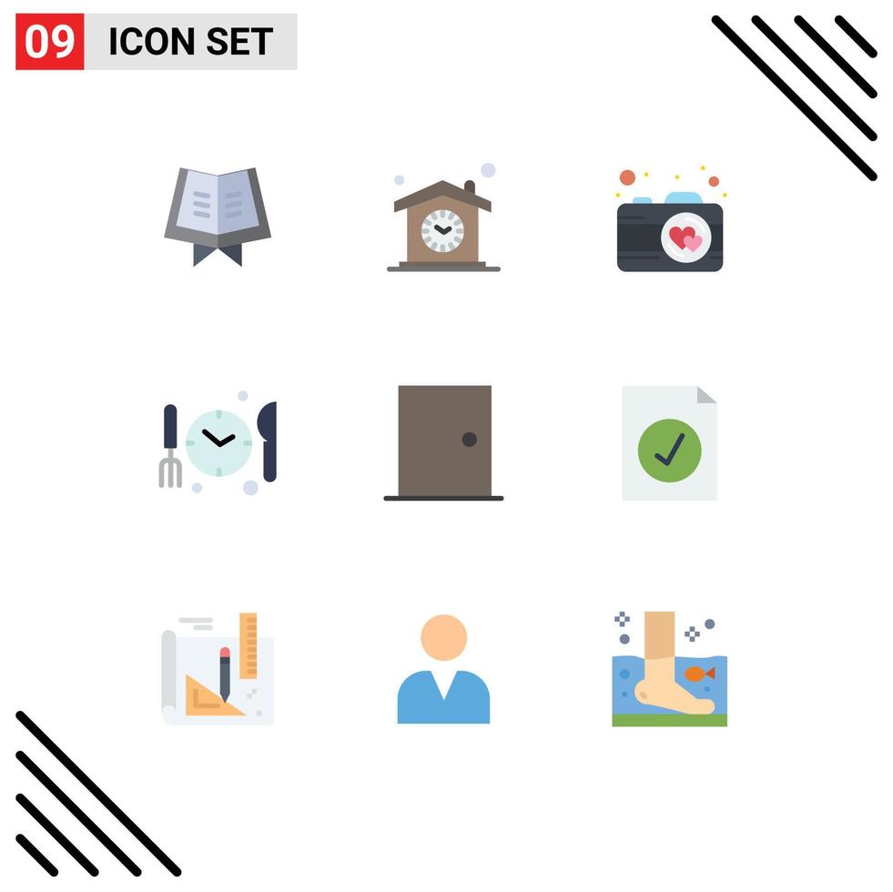 9 User Interface Flat Color Pack of modern Signs and Symbols of home door camera buildings dnner Editable Vector Design Elements