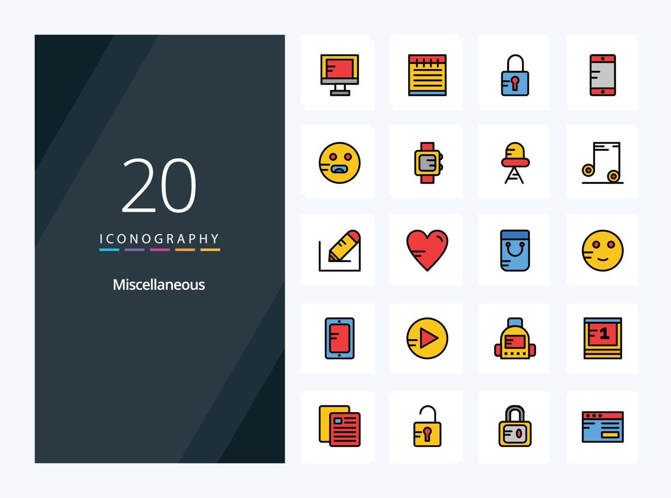 20 icono relleno de línea miscelánea para presentación vector