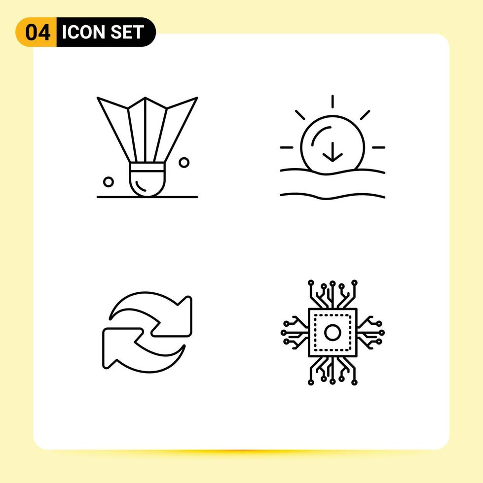 Set of 4 Modern UI Icons Symbols Signs for badminton refresh shuttlecock sun rotate Editable Vector Design Elements