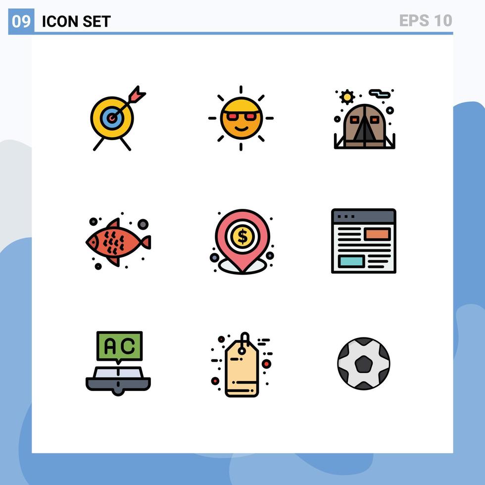 User Interface Pack of 9 Basic Filledline Flat Colors of local lend camping banking sea food Editable Vector Design Elements