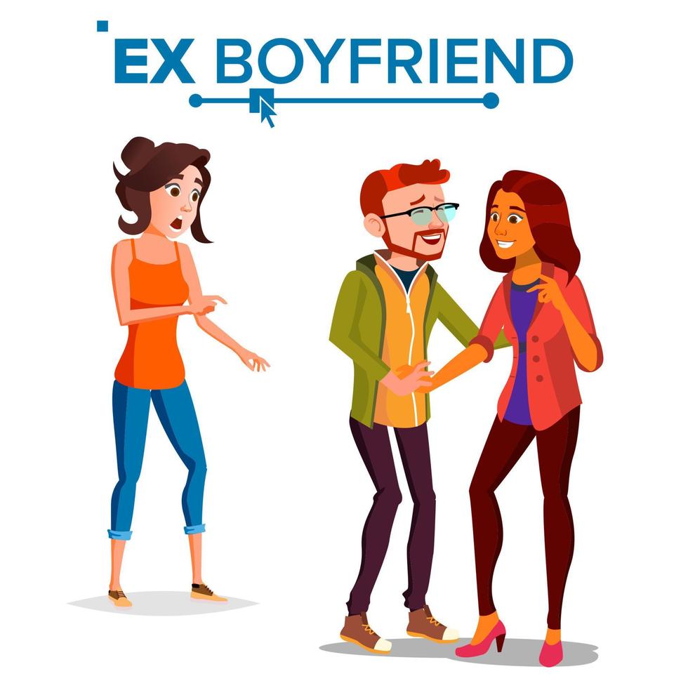 Ex Boyfriend Vector. Young Couple. Past Relationship Concept. Unhappy Woman. Divorce. Jealousy, Love Triangle. Isolated Flat Cartoon Illustration vector