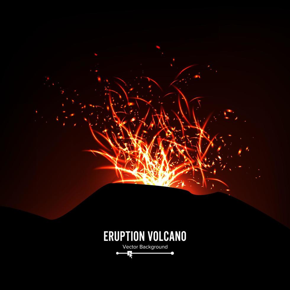 vector de erupción volcánica. chispas de tormenta. explosión grande y pesada de la montaña. arrojando lava al rojo vivo.