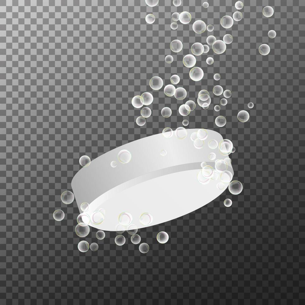 Soluble Drug With Fizzy Isolated On Checkered Background. Vector Illustration. Vitamin In Water Effervescent, Three Dissolving Tablets. 3D Realistic Illustration