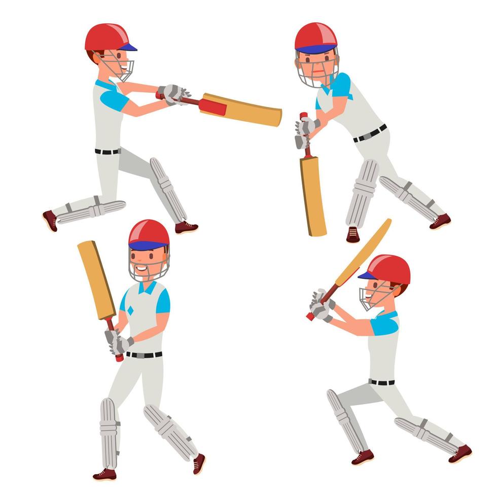 Cricket Player Vector. Wearing Sport Uniform Clothes. Different Poses. Cartoon Character Illustration vector