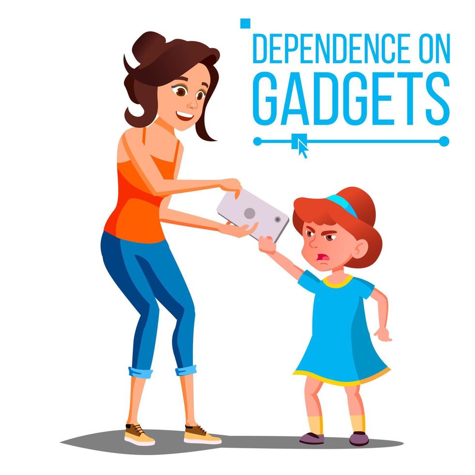Children s Gadget Dependence Vector. Mother Takes Smartphone From Daughter. Parental Upbringing. Isolated Cartoon Illustration vector