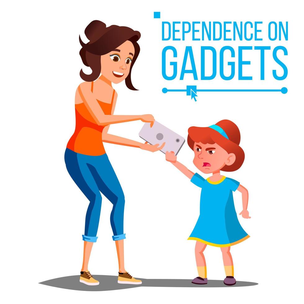 vector de dependencia de gadgets para niños. la madre toma el teléfono inteligente de la hija. crianza de los padres. ilustración de dibujos animados aislados