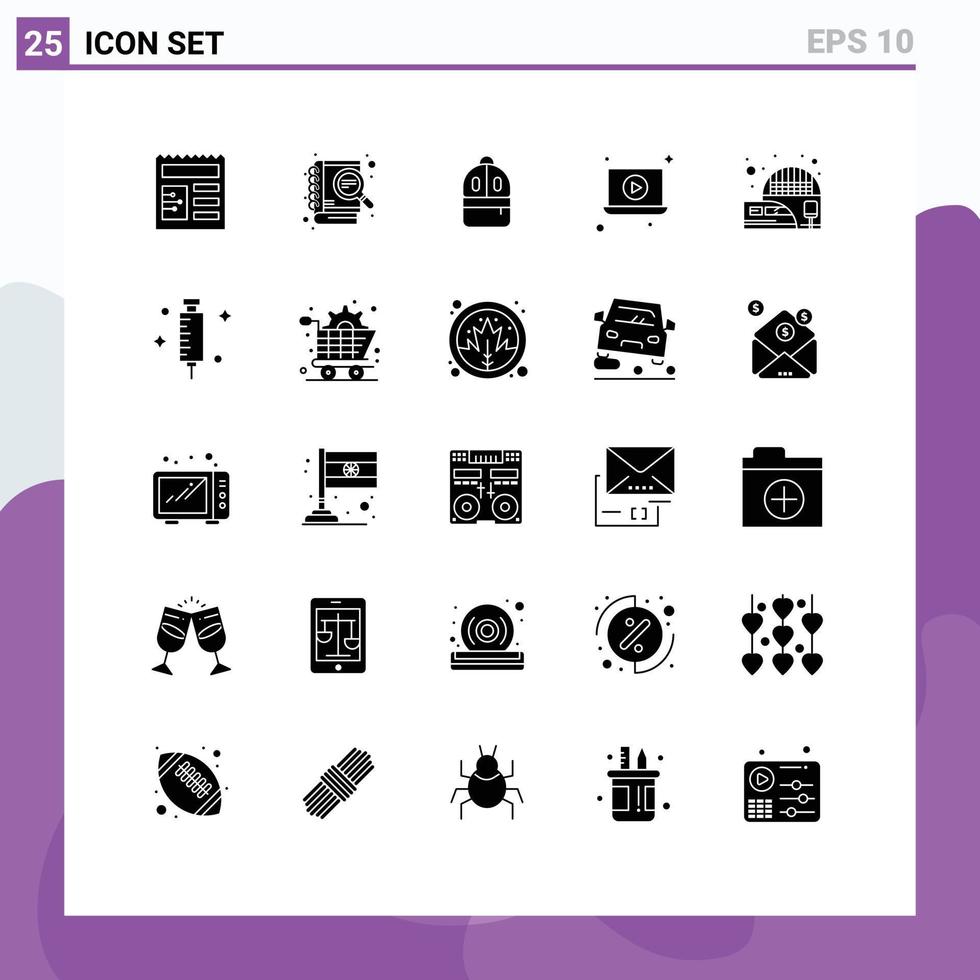 25 Thematic Vector Solid Glyphs and Editable Symbols of train electric backbag railway station play Editable Vector Design Elements