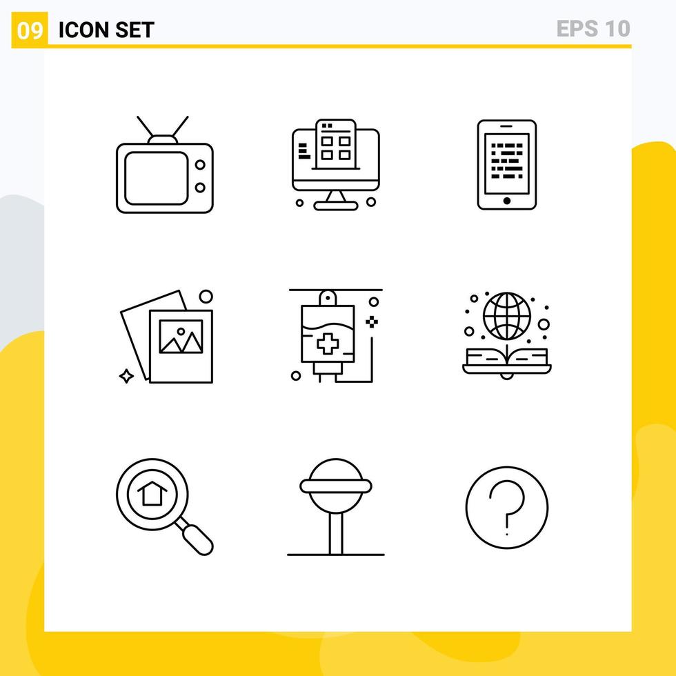 9 Universal Outlines Set for Web and Mobile Applications medical healthcare read photo gallery Editable Vector Design Elements