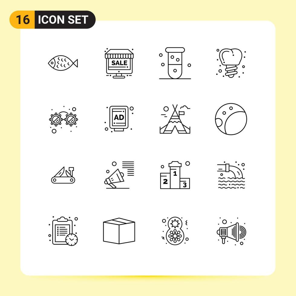 Outline Pack of 16 Universal Symbols of glasses tooth biochemistry screw laboratory Editable Vector Design Elements