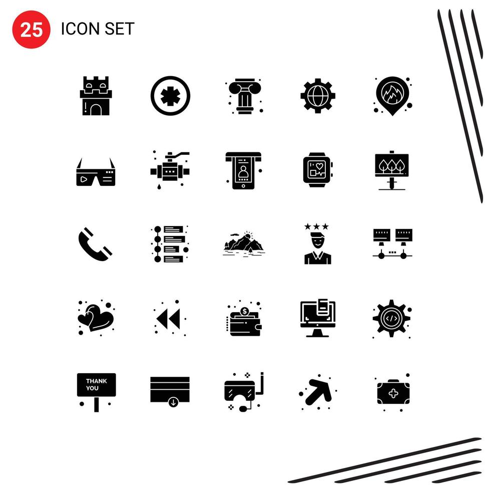 Editable Vector Line Pack of 25 Simple Solid Glyphs of map fire test globe gear Editable Vector Design Elements