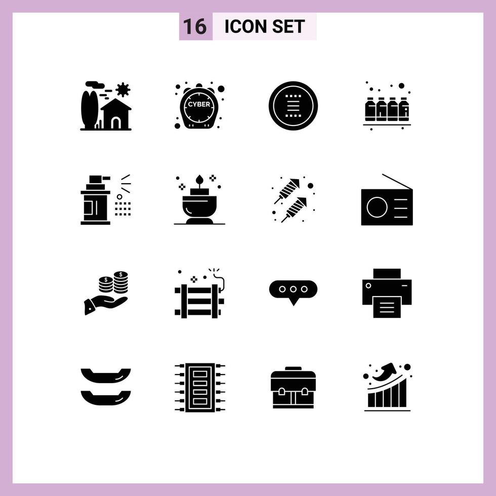 Mobile Interface Solid Glyph Set of 16 Pictograms of printing color offer bottle menu Editable Vector Design Elements