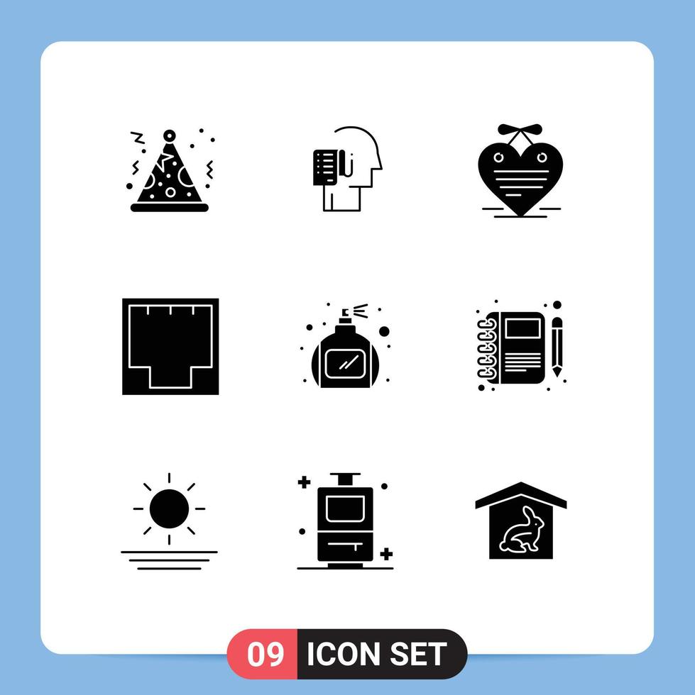Group of 9 Modern Solid Glyphs Set for bottle network heart internet connection Editable Vector Design Elements