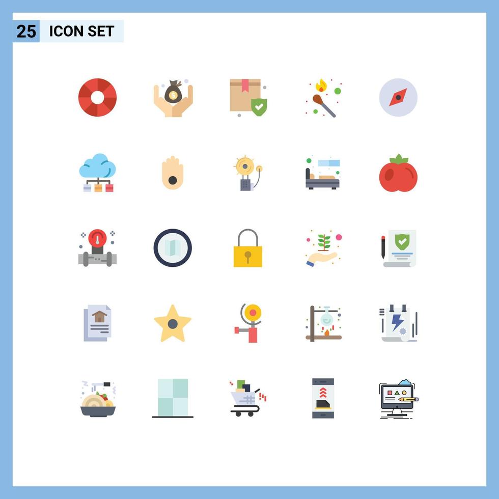 paquete de 25 signos y símbolos de colores planos modernos para medios de impresión web, como la brújula de seguridad de mapas en la nube, elementos de diseño de vectores editables
