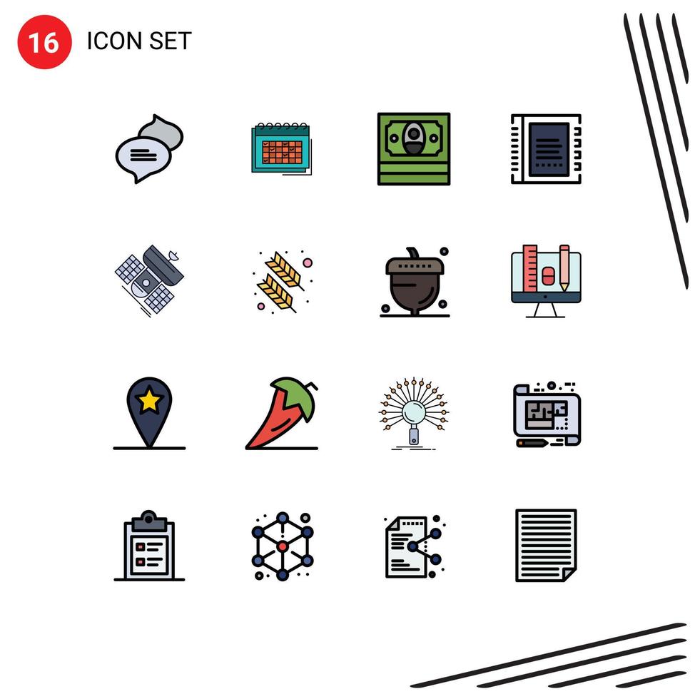 Pack of 16 creative Flat Color Filled Lines of list contact schedule book money Editable Creative Vector Design Elements