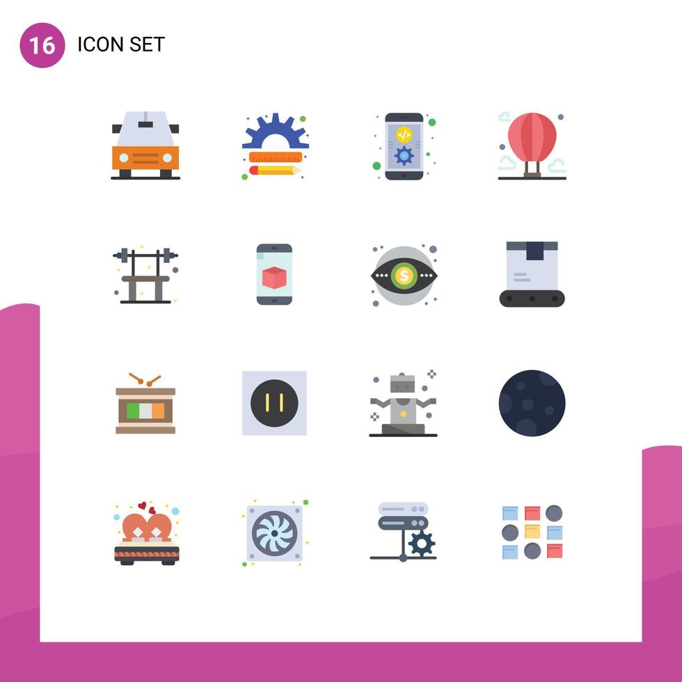 Group of 16 Flat Colors Signs and Symbols for exercise sky coding mountain balloon Editable Pack of Creative Vector Design Elements