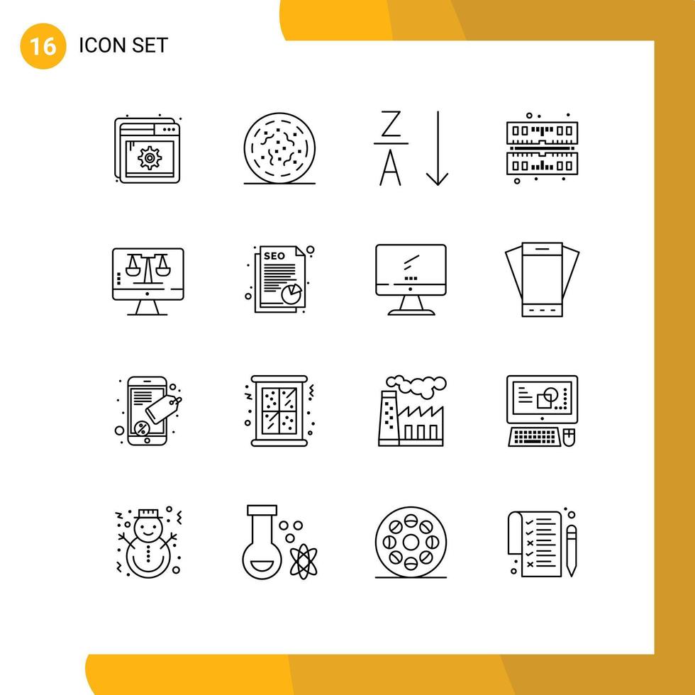 User Interface Pack of 16 Basic Outlines of screen computer alphabetical digital law online memory Editable Vector Design Elements