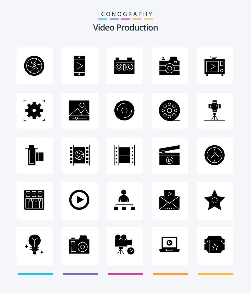 producción de video creativo paquete de iconos negros sólidos de 25 glifos, como video. televisión. vídeo.. foto vector