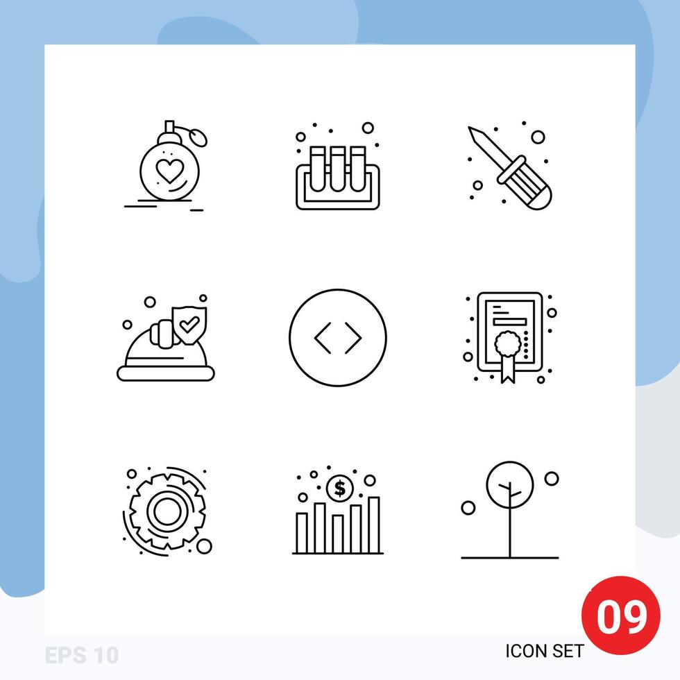 Pack of 9 Modern Outlines Signs and Symbols for Web Print Media such as circle shield test tubes security hat Editable Vector Design Elements
