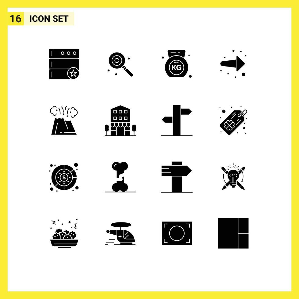 Group of 16 Solid Glyphs Signs and Symbols for nature eruption fitness dangerous forward Editable Vector Design Elements