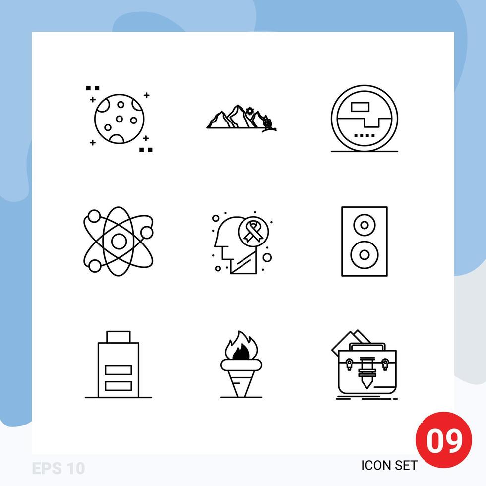 9 Universal Outlines Set for Web and Mobile Applications brain disease bio construction and tools lab power Editable Vector Design Elements
