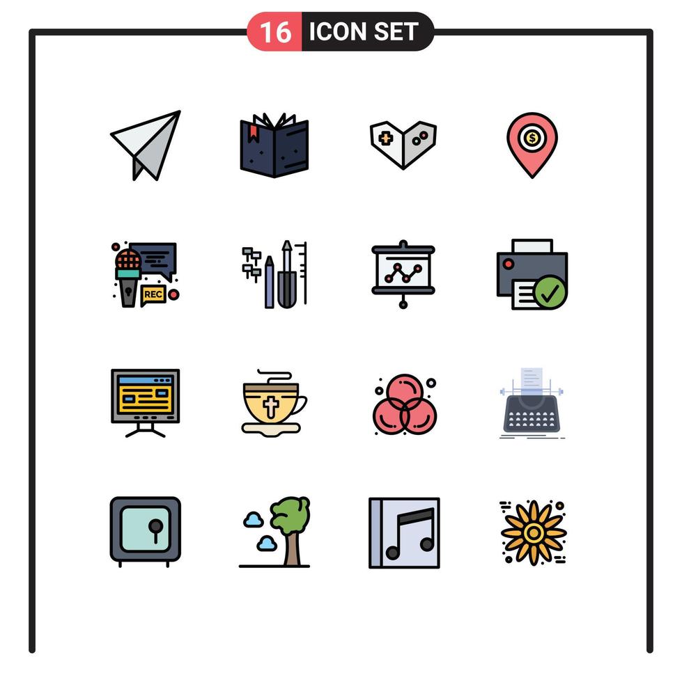 Flat Color Filled Line Pack of 16 Universal Symbols of reapair recording location microphone money Editable Creative Vector Design Elements