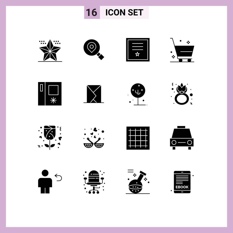 paquete de 16 signos y símbolos de glifos sólidos modernos para medios de impresión web, como elementos de diseño vectorial editables de la cinta del carrito de ubicación de compras vector