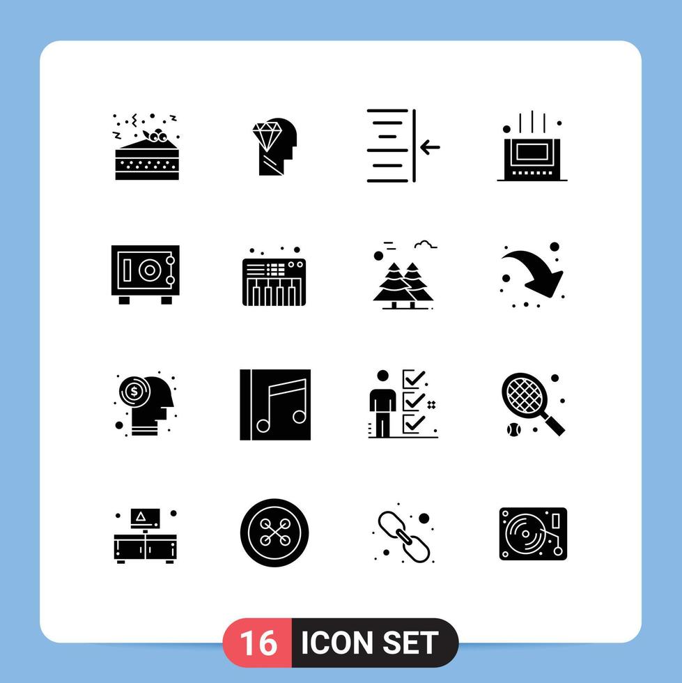 Set of 16 Vector Solid Glyphs on Grid for piano safe right money room Editable Vector Design Elements