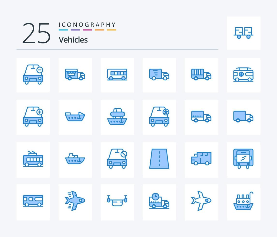 paquete de iconos de 25 vehículos de color azul que incluye vacaciones. combinación autobús. camión. camión vector