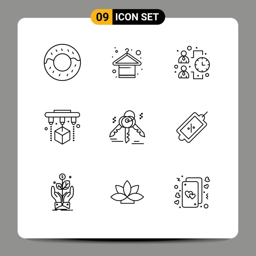 Editable Vector Line Pack of 9 Simple Outlines of market real estate team key scanner Editable Vector Design Elements