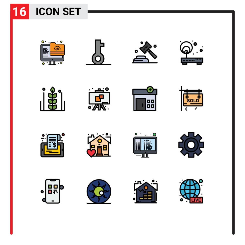 Pictogram Set of 16 Simple Flat Color Filled Lines of router network enforcement internet legal Editable Creative Vector Design Elements