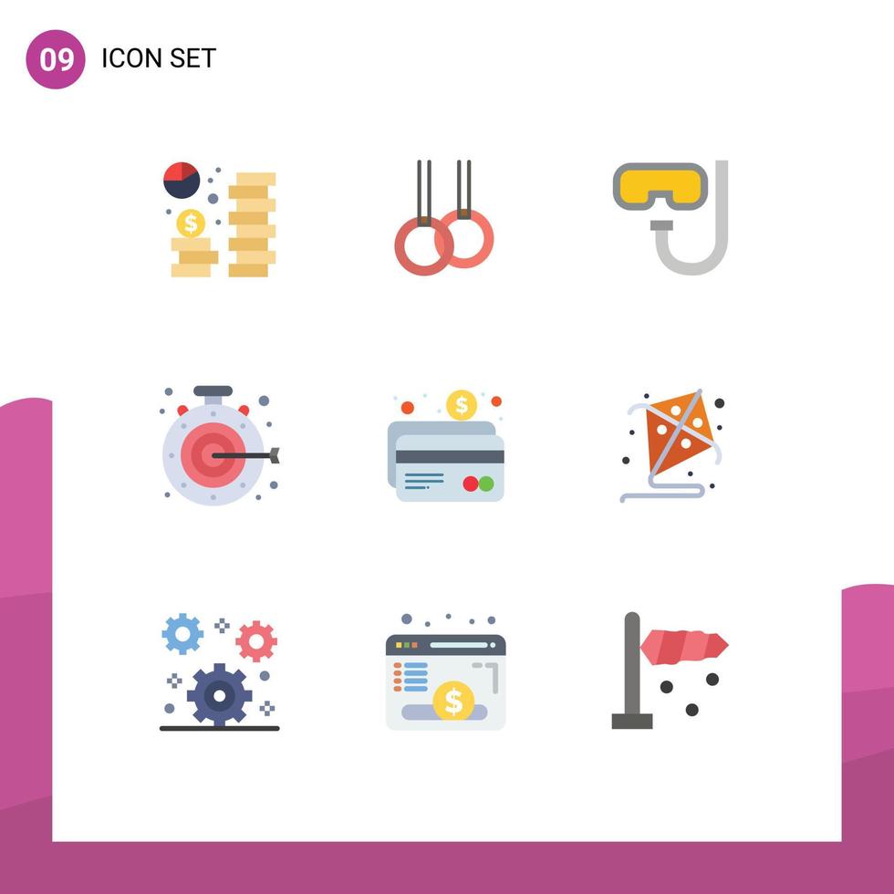 Set of 9 Modern UI Icons Symbols Signs for banking goal beach aim stopwatch Editable Vector Design Elements