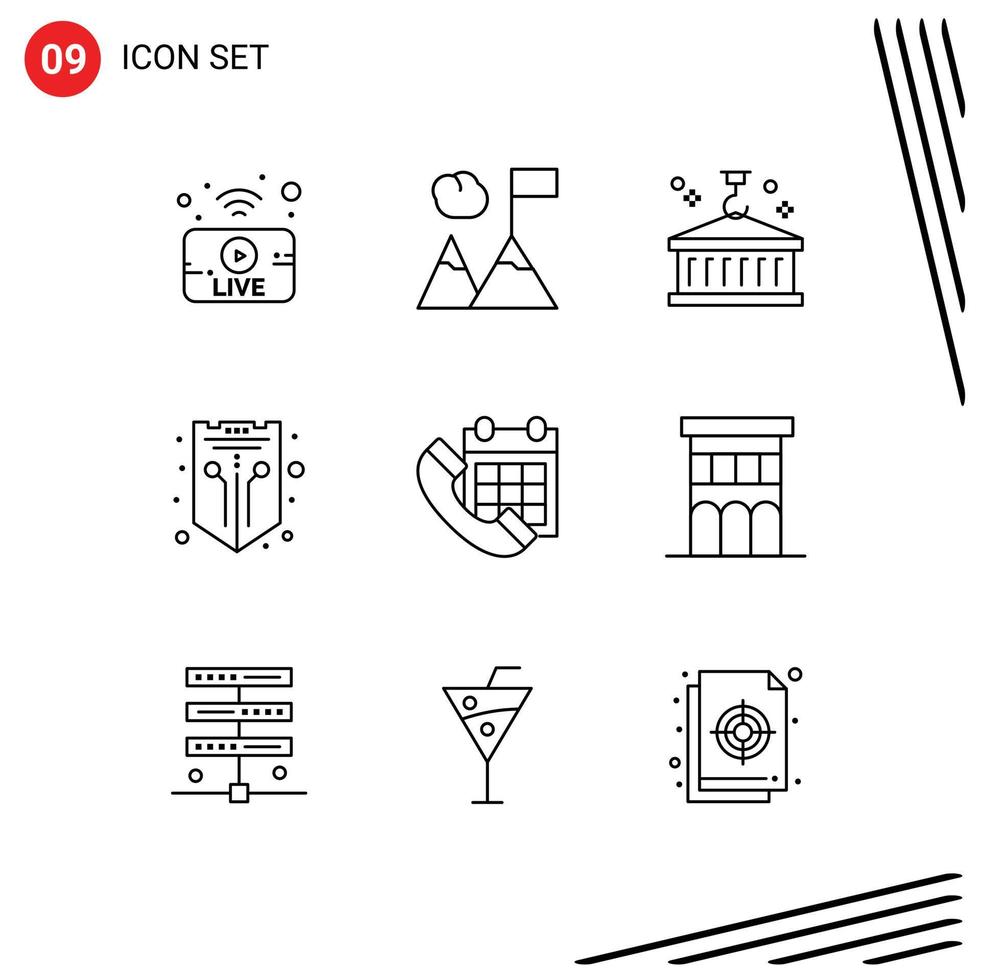 Group of 9 Outlines Signs and Symbols for colander shield business protection internet Editable Vector Design Elements