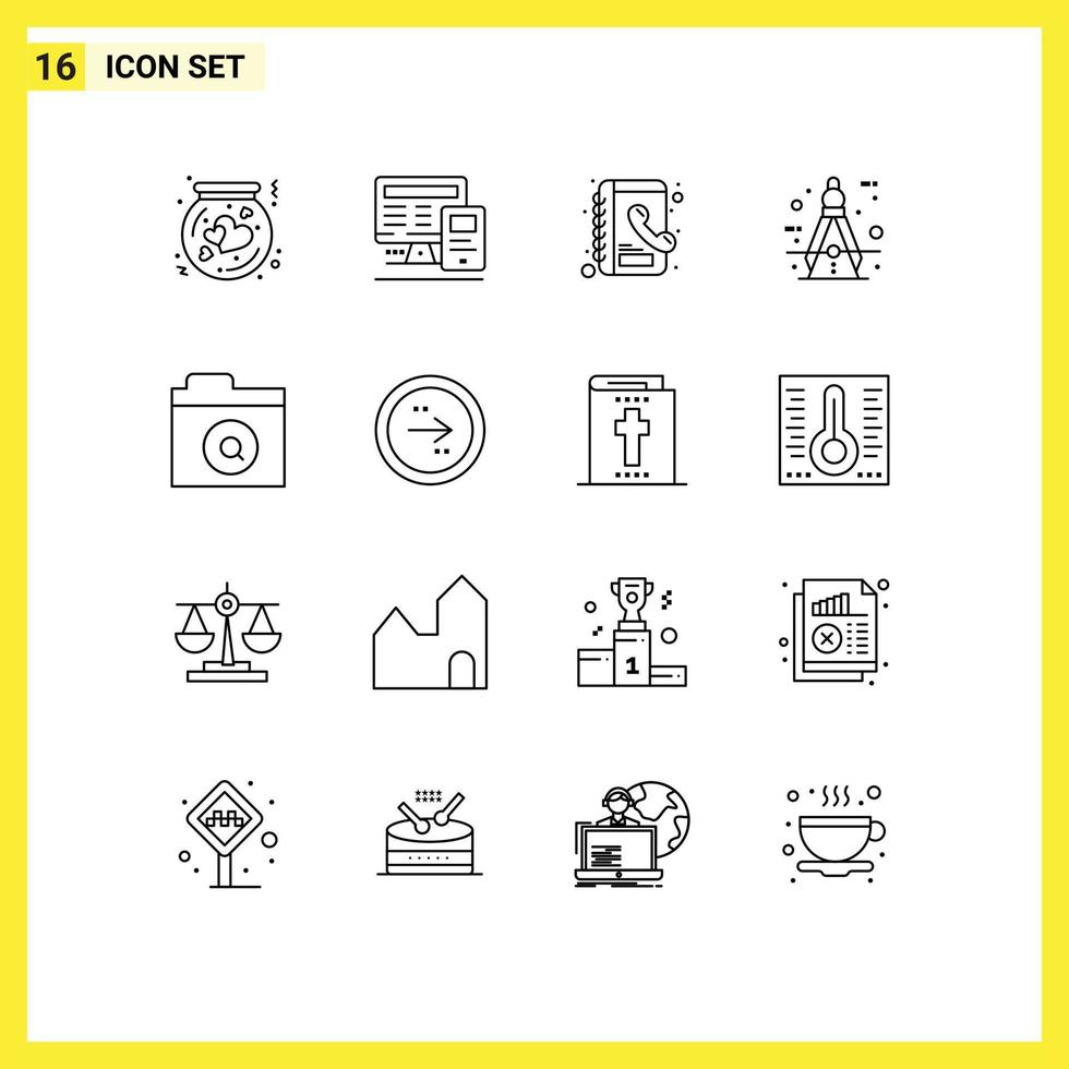 Modern Set of 16 Outlines and symbols such as tool compass education circle phone book Editable Vector Design Elements