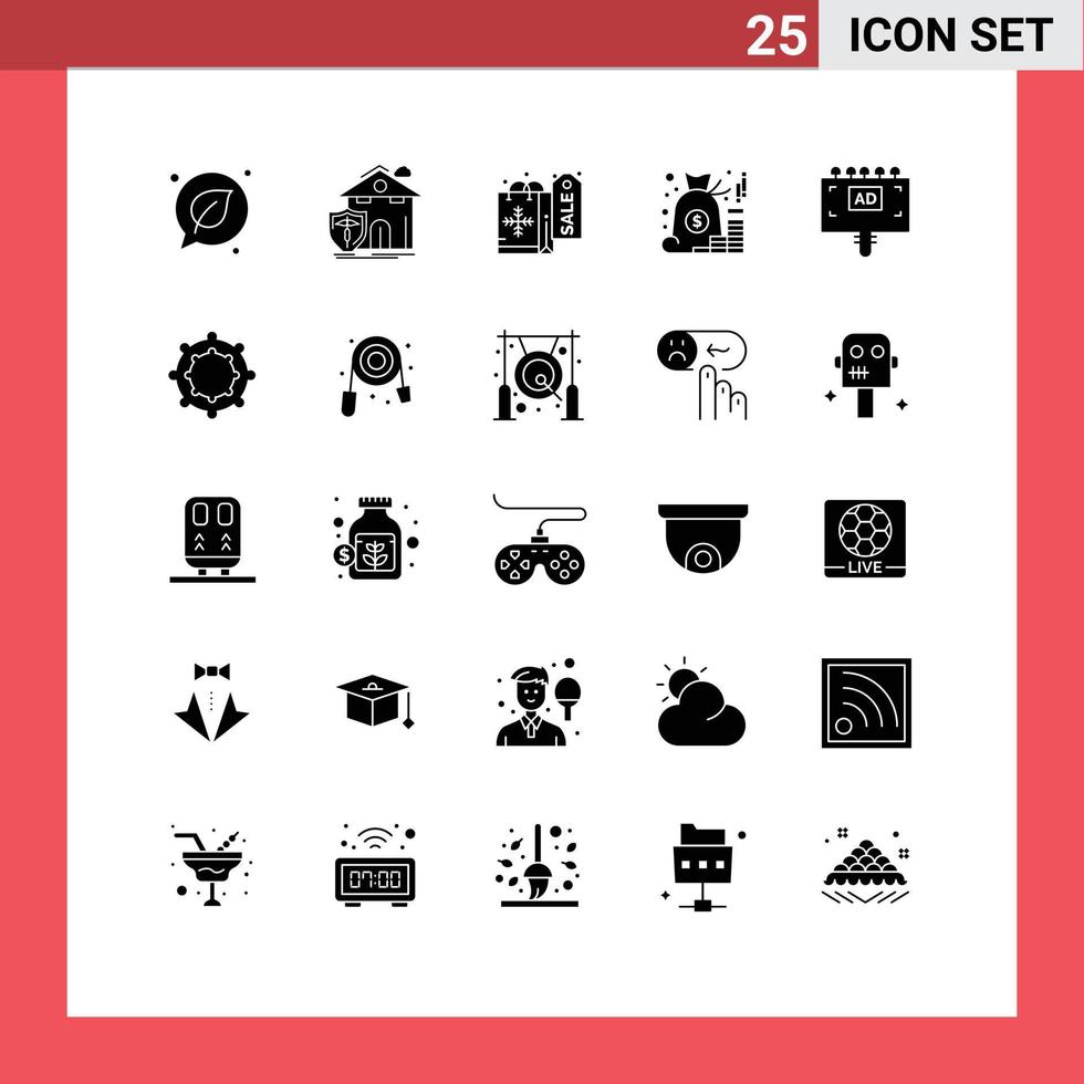 Pack of 25 Modern Solid Glyphs Signs and Symbols for Web Print Media such as ad money protection management account Editable Vector Design Elements