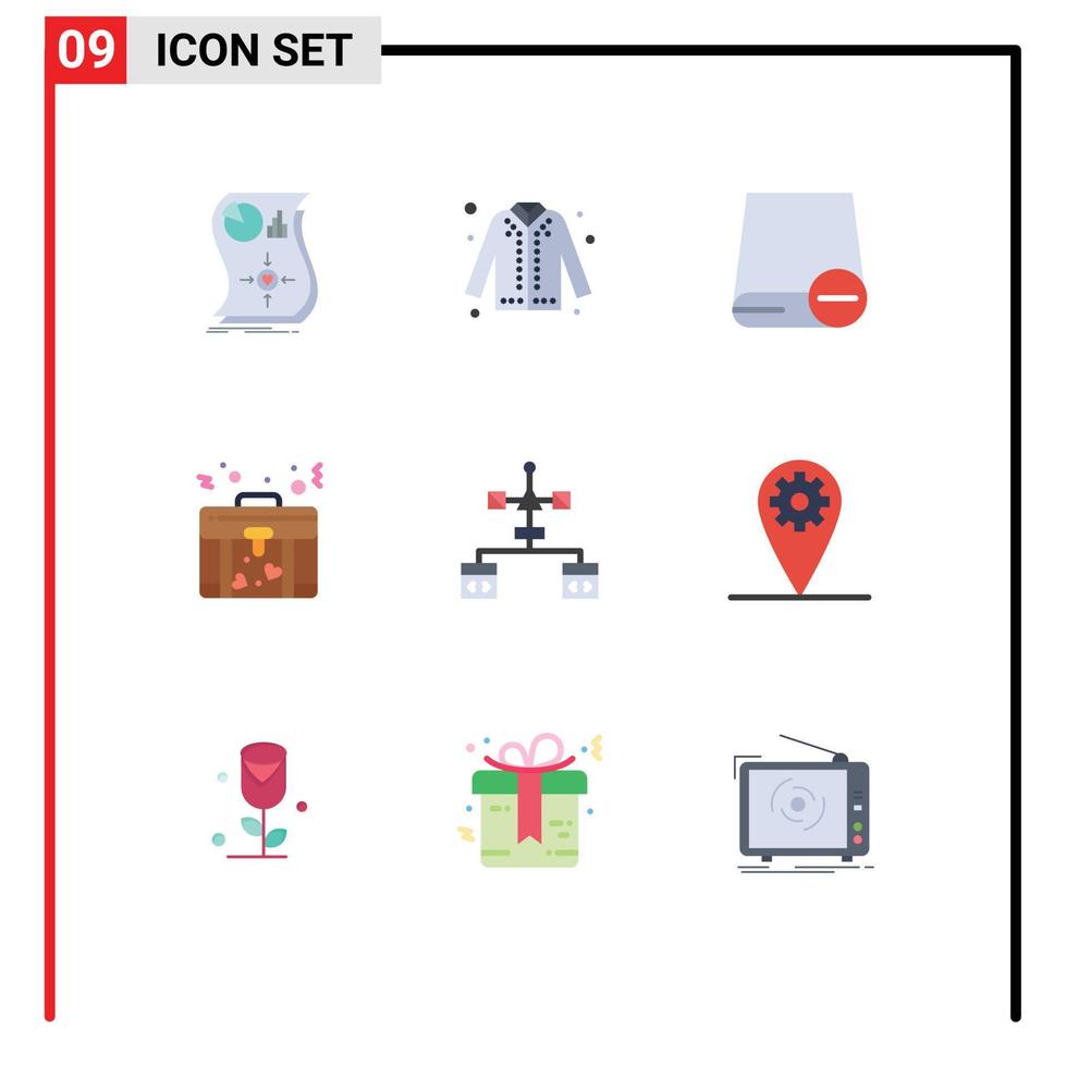 paquete de 9 signos y símbolos modernos de colores planos para medios de impresión web, como elementos de diseño de vectores editables de la unidad de hardware de compras de bolsas de amor