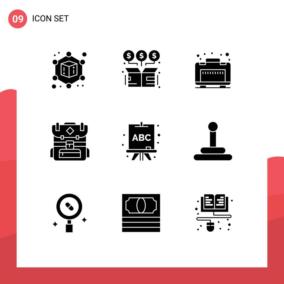 9 User Interface Solid Glyph Pack of modern Signs and Symbols of van learning luggage board hiking Editable Vector Design Elements