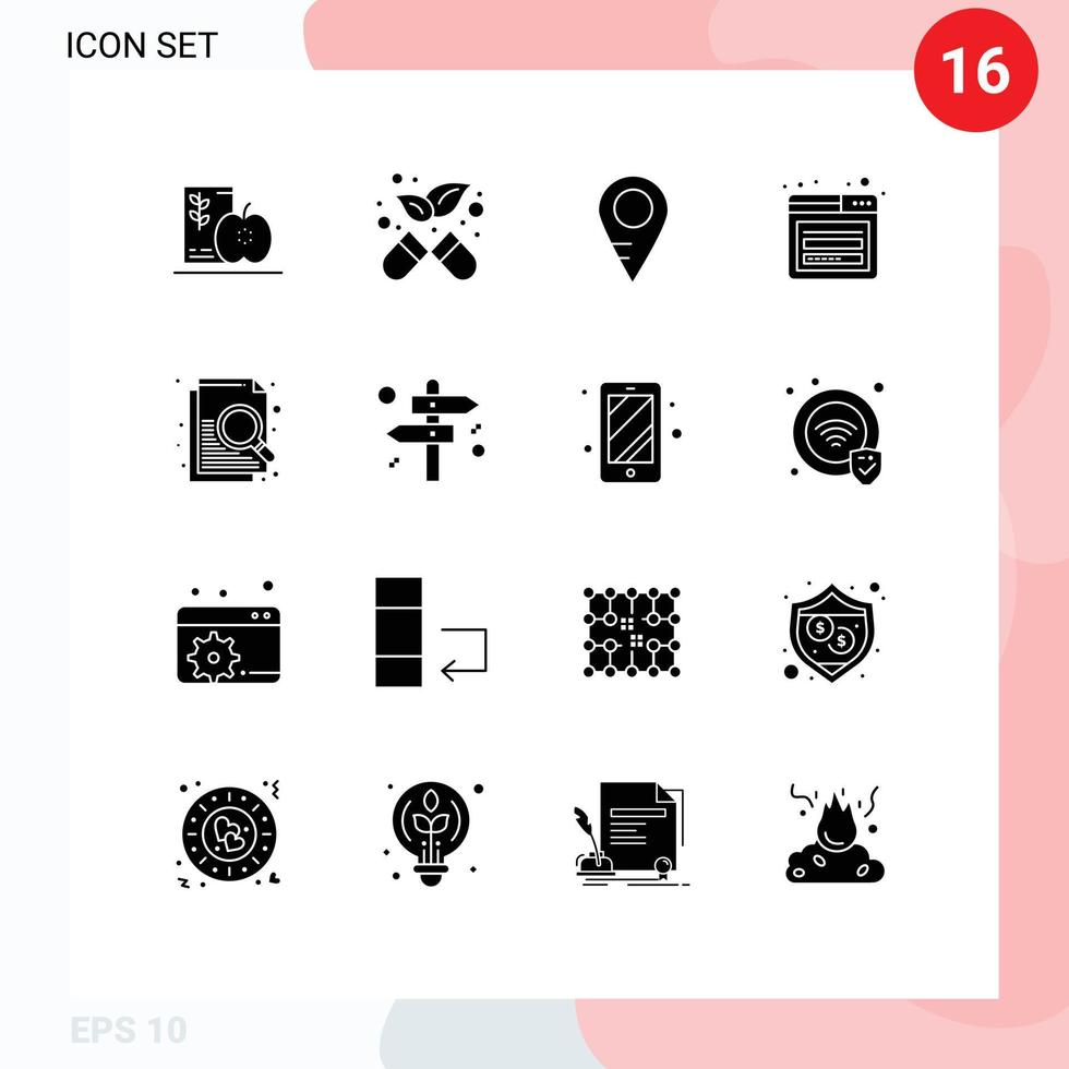 Group of 16 Modern Solid Glyphs Set for search document map web login Editable Vector Design Elements