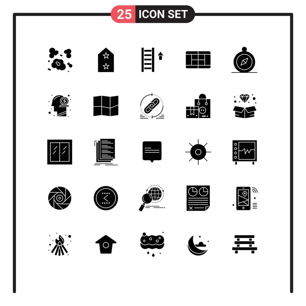 Universal Icon Symbols Group of 25 Modern Solid Glyphs of dollar compass ladder browse court Editable Vector Design Elements