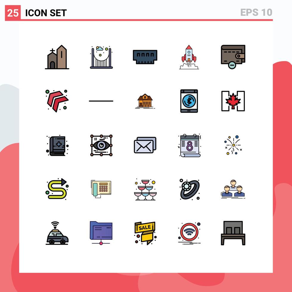 25 Universal Filled line Flat Color Signs Symbols of game startup computers spaceship memory Editable Vector Design Elements