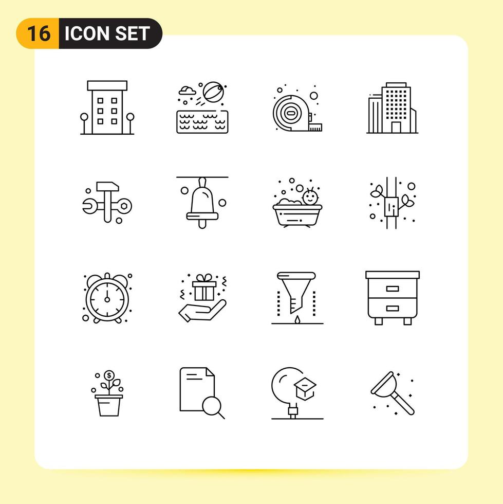 conjunto de esquemas de interfaz móvil de 16 pictogramas de bases de datos de soluciones informáticas que miden elementos de diseño de vectores editables de oficina informática