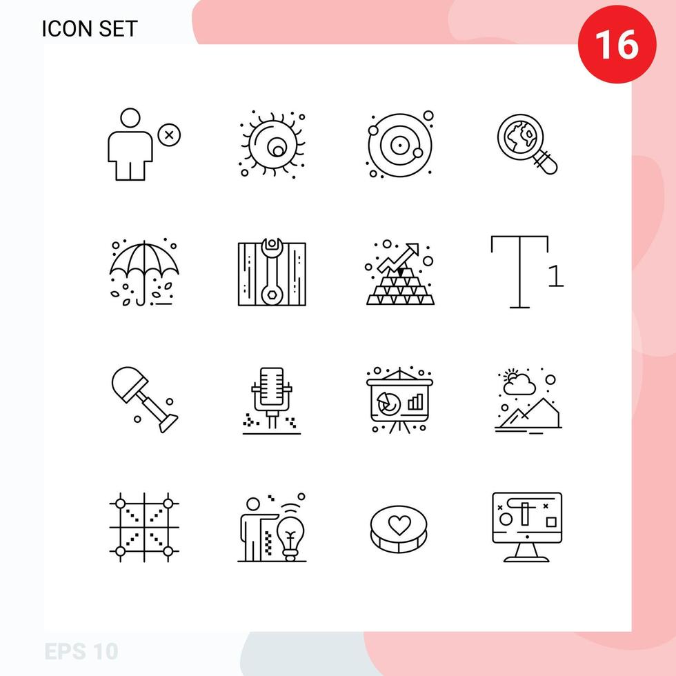 Modern Set of 16 Outlines and symbols such as protection magnifying glass plant lost satellite Editable Vector Design Elements