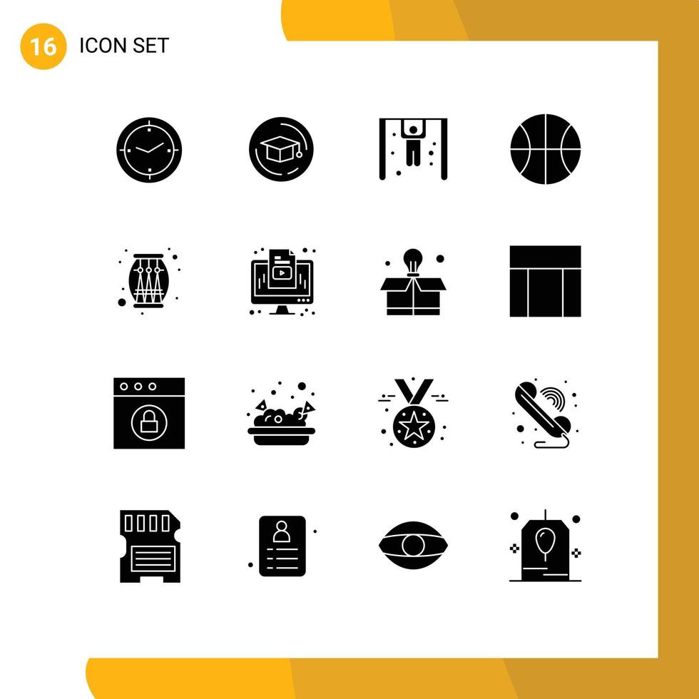 Interfaz de usuario de 16 paquetes de glifos sólidos de signos y símbolos modernos de elementos de diseño de vectores editables web de música de gimnasta de celebración de computadora