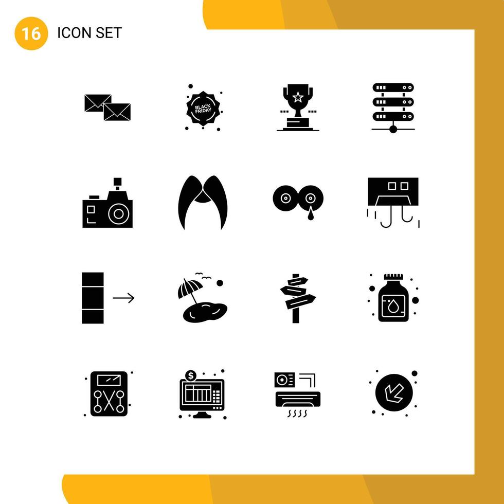 Pack of 16 Modern Solid Glyphs Signs and Symbols for Web Print Media such as camera network percentage sale data achievement Editable Vector Design Elements