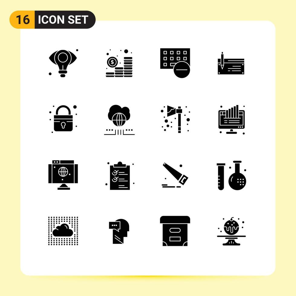 Mobile Interface Solid Glyph Set of 16 Pictograms of finance bank computers account keyboard Editable Vector Design Elements